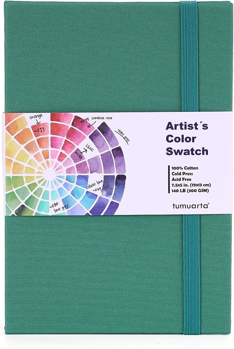 tumuarta Artist’s Color Swatch Book, 100% Cotton, 140 LB, 300GSM, Concertina Book, 24 Pan/Sheet, Painter`s Color Diary for Watercolors, Acrylic, Markers and Wet & Dry Media (7.5" x 5") - Image 1